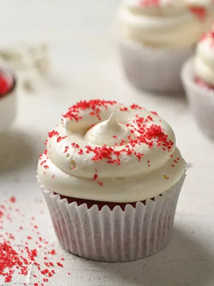 Our eggless Red Velvet cupcake is a crowd-pleaser. It features a moist red velvet base and a swirl of classic cream cheese frosting, finished with a sprinkle of red velvet crumbs.