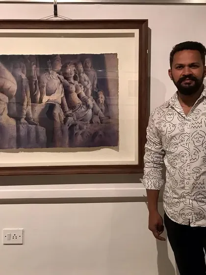 Another photo from the "Earthen Echoes" group exhibition in Pune. This painting is a watercolour on paper, framed to enhance its artifact like quality.