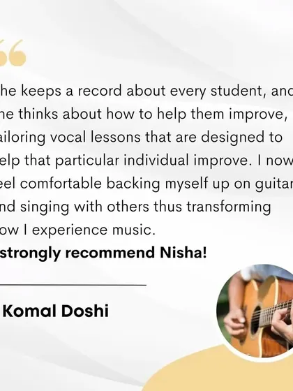 A testimonial from a student, Komal, who feels comfortable backing herself up on guitar and singing with others after joining my classes.