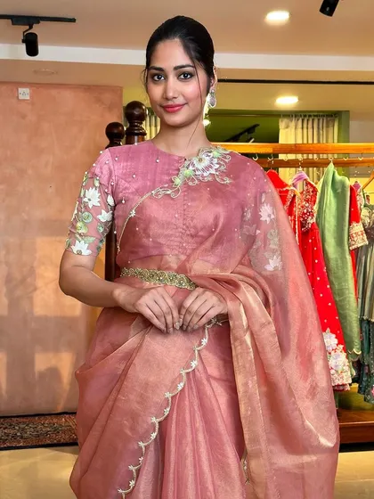 A full look of the tissue organza saree paired with the intricately embroidered blouse from my 'Kamalam' collection.