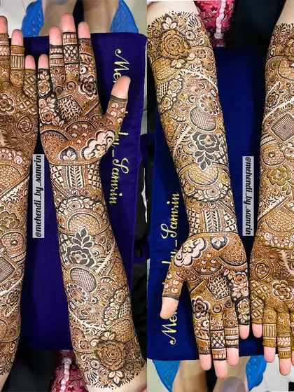 A beautiful bridal design with a mix of floral and geometric patterns. The coverage is full and the details are incredibly fine.