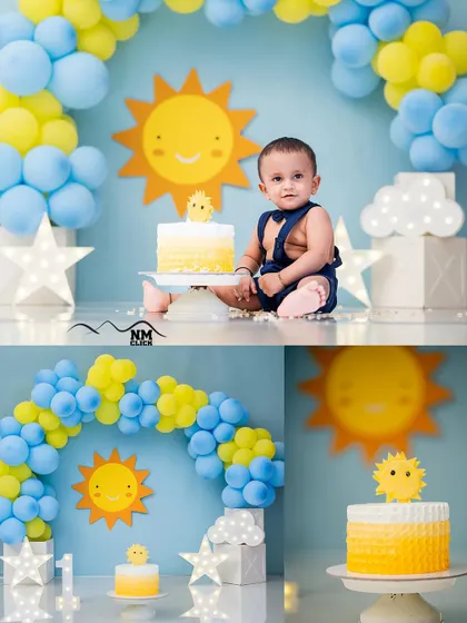 Sometimes, simple is sweetest. This "You Are My Sunshine" themed cake smash uses a clean backdrop and bright colors to keep the focus on the happy birthday boy.