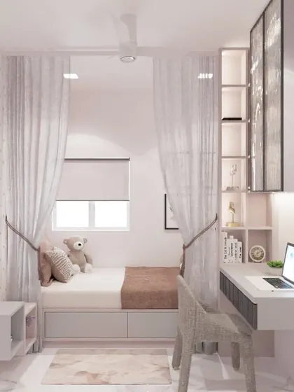 We designed this teenage girl's room with a cozy bed alcove, complete with sheer curtains for privacy. The space also includes a compact study desk and overhead storage, creating a perfect personal haven for both rest and study.