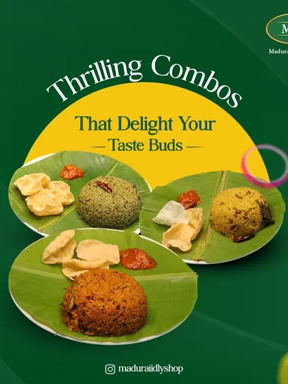 Our thrilling rice combos allow you to mix and match your favorite rice dishes. This plate features our Pudina Sadam, Tomato Sadam, and another variety rice.