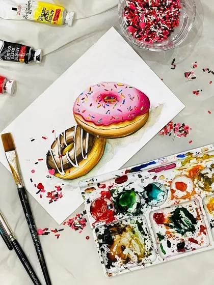 Who wants donuts? This fun watercolor painting is a great way to practice realism, from the shiny glaze to the colorful sprinkles.