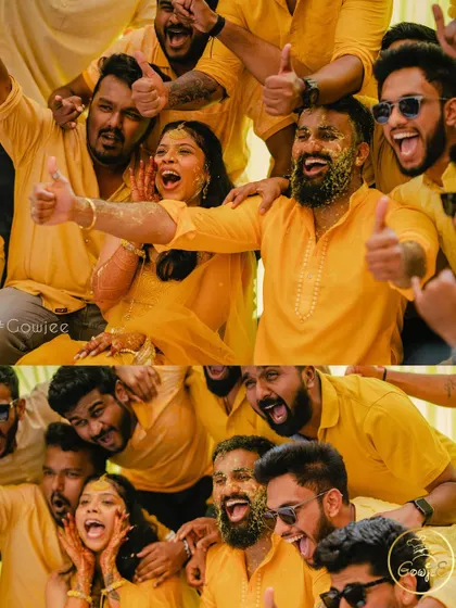 Thumbs up for a fantastic Haldi party. I love capturing the high energy and happy faces of the couple and their friends.