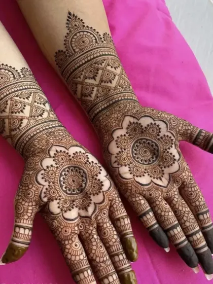 A classic mandala design, perfect for brides and festive occasions. The symmetry is mesmerizing.