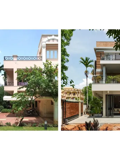 A before-and-after comparison of the residence in Hyderabad. We transformed the original house by reconfiguring spaces, expanding the living area into the garden, and wrapping the structure in a new, ecological skin of earth blocks and louvers.