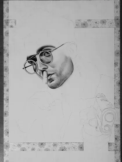 The 90-hour process behind my photorealistic pencil drawing of Harrdy Sandhu. Notice the detail in the sunglasses reflection and the texture of the shirt.
