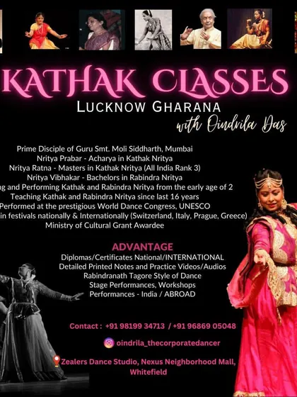 Learn the art of Kathak (Lucknow Gharana) with our expert instructor, Oindrila Das. This poster details her impressive qualifications and class information.