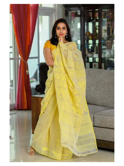 A full-length shot of a model in a beautiful handwoven saree. The indoor setting gives the image a relaxed and authentic feel.