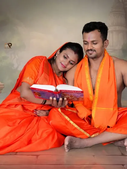 Another narrative pose from our Seetha-Ram theme. The couple reads together, creating a peaceful and intimate scene that tells a story of their shared journey.