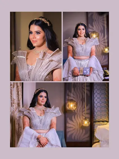 A collage of the bride's portraits, showcasing her contemporary reception outfit from different angles. This gives a complete view of her unique style and the elegant getting-ready space.