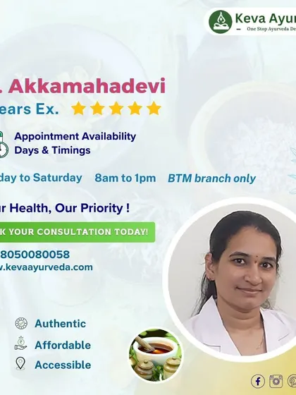 Introducing Dr. Akkamahadevi, our Yoga and Naturopathy consultant with 5 years of experience. She specializes in treating conditions like arthritis, PCOD, and stress management at our BTM branch.