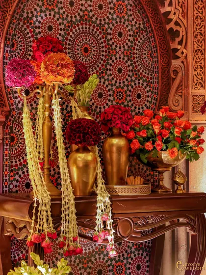 A slightly different angle of the ornate console table, highlighting the cascading jasmine and the rich textures of the mosaic and carved wood. This is where beauty (zeenat) and sanctity (hifazat) intertwine.
