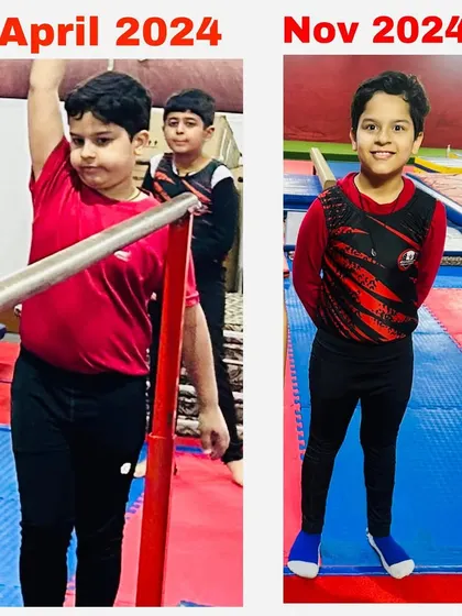 The results speak for themselves. This is a seven-month transformation, showing significant weight loss and improved fitness through our combined gymnastics and fitness program. We build strong, healthy athletes from the ground up.