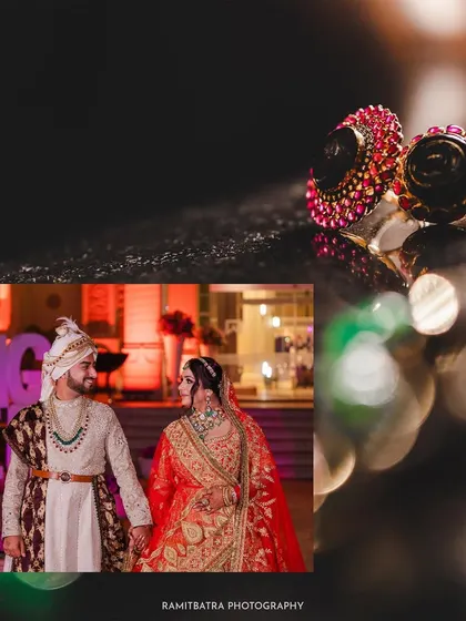 A composite image showing the couple's portrait alongside a detailed shot of their wedding rings.