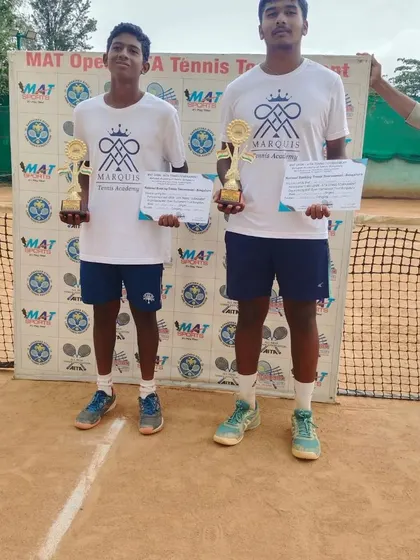 Doubles partners and finalists at the AITA U-16 Championship. We emphasize both singles and doubles play to develop well-rounded, versatile tennis players.