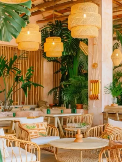 This image showcases a bohemian or tropical decor theme, perfect for a relaxed sangeet or cocktail party. I can create this vibe using cane furniture, macrame details, and lots of green foliage.