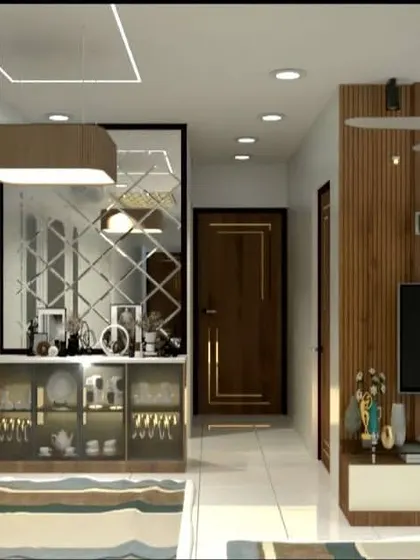 A detailed view of the TV unit and crockery cabinet in the Lodha Amara flat. The vertical wood slats on the TV panel and the geometric mirror on the cabinet are key design features.