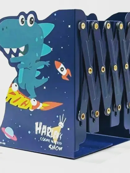 A dinosaur-themed expandable bookend for the little paleontologist. The vibrant blue color and fun dino graphic make it a great addition to a child's room.