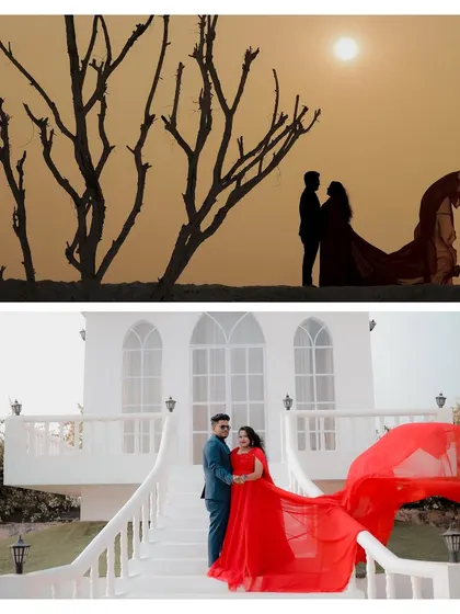 A dramatic composite showing a sunset silhouette on our desert set and a vibrant shot with a flowing red dress on the steps of our white chapel set.