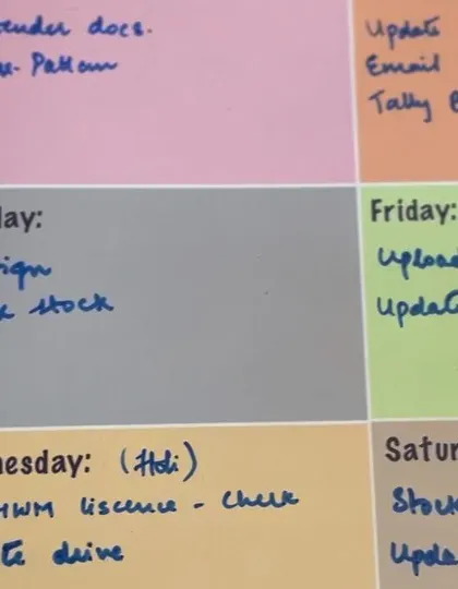A close-up of the reusable weekly planner filled out with tasks for Tuesday and Friday.