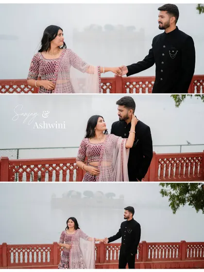 A collage of Sanjay and Ashwini at Jal Mahal, showcasing different poses and the beautiful morning mist over the lake.