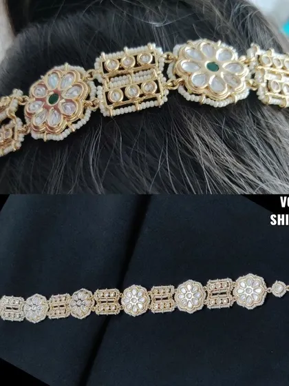 Here you can see how the sheesh patti looks when worn, alongside a product shot. It sits beautifully on the hairline, framing the face.