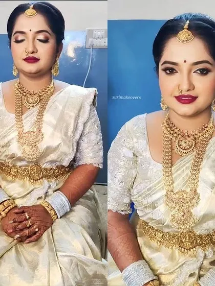 A client looking gorgeous in a classic off-white silk saree, styled with an antique gold-finish temple jewellery set.