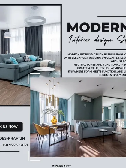 An informational graphic explaining the principles of Modern Interior Design, which focuses on clean lines, neutral tones, and the balance of form and function.