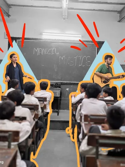 Two fellows co-facilitate a session, demonstrating teamwork and creating a dynamic learning environment. This approach allows us to engage with more students and offer diverse musical interactions.