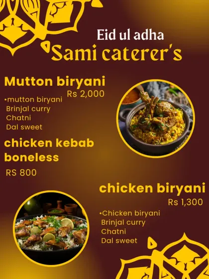 Another Eid menu featuring Mutton Biryani, Chicken Biryani, and boneless Chicken Kebab by the kilo. The images show you exactly what you'll be getting.