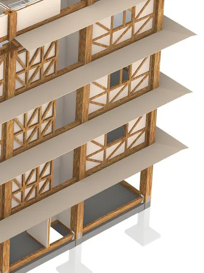 A close-up render of the building's facade. This image details the 'Assam type' inspired cross-bracing on the windows and the projecting floor slabs that provide shading.
