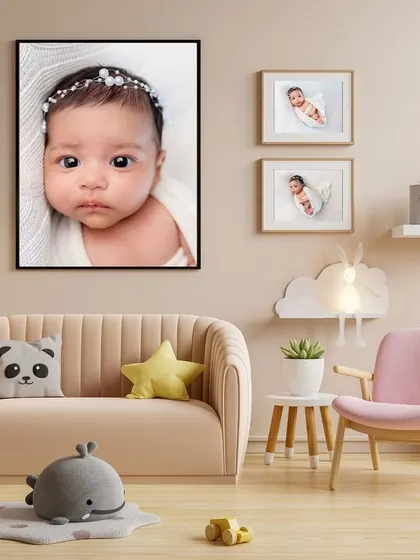 Imagine this in your home. This image shows how a beautiful newborn portrait can become a stunning piece of art for your nursery wall.