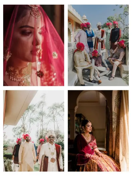 A collage from a Jaipur wedding, featuring a close up of the bride's face through her veil and a group shot of the groom and his groomsmen.