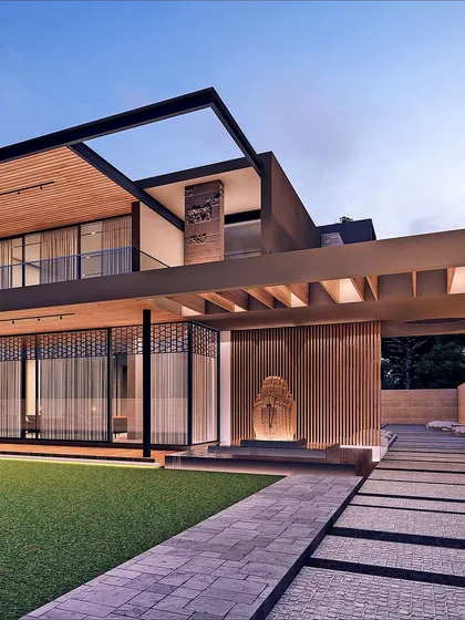 A render of our upcoming 10,000 sq ft residence in Jammu, featuring a Gwalior mint stone facade. The design creates a sense of timeless elegance for a modern, two-generation family home, with a strong connection to the landscaped garden.