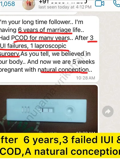 6 years of marriage, 3 failed IUIs, and a history of PCOD. This student believed in her body and is now 5 weeks pregnant with a natural conception.