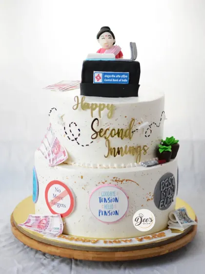 Goodbye tension, hello pension. This two-tier retirement cake is a fun way to celebrate a new chapter, with lots of inside jokes and well wishes.