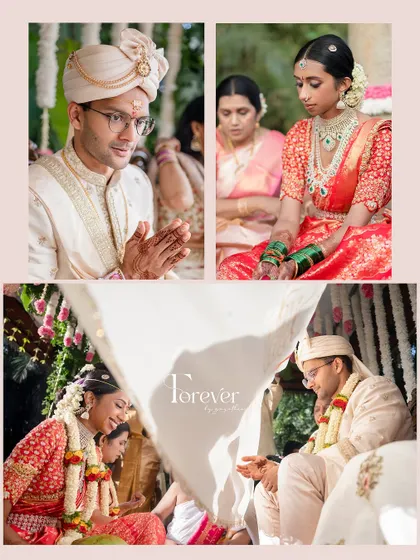 A collage of beautiful moments from a traditional Telugu wedding, capturing the rituals, the joy, and the love.