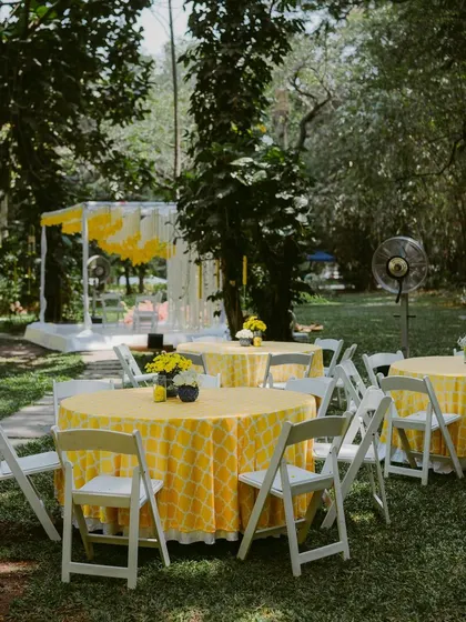 A wide view of an outdoor Haldi setup, showing the guest seating and the main ceremony area.
