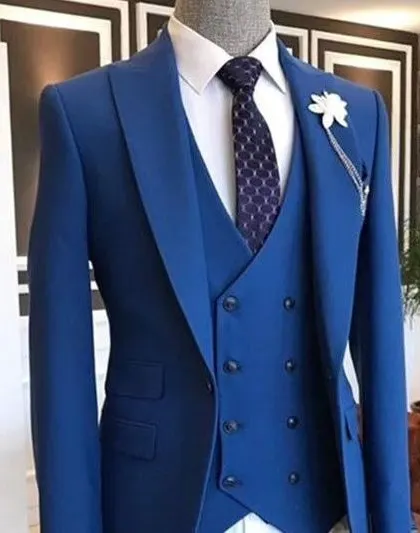 A classic three-piece suit in a brilliant royal blue. This is a timeless color that always looks sharp and professional.