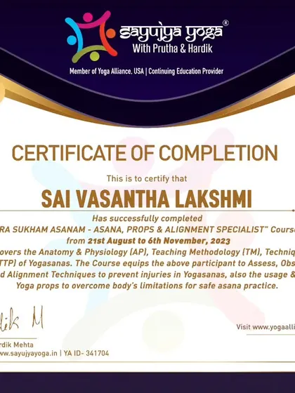 A certificate for our 9th batch of the 'Sthira Sukham Asanam' course. We are proud to send another group of teachers into the world armed with the knowledge of functional yoga.