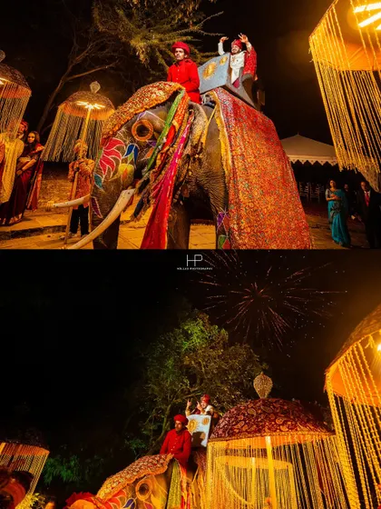The groom's grand baraat entrance on a decorated elephant, complete with fireworks. I capture these spectacular moments to ensure the full scale and excitement of your destination wedding is part of your album.
