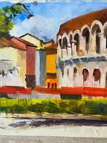 The first block-in stage of the Verona cityscape. Here, I'm establishing the main color shapes and relationships before adding details.