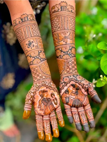 A beautiful design featuring a couple playing a traditional musical instrument, surrounded by lush greenery and elephant motifs.