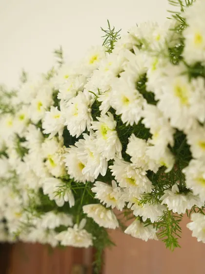 A close-up of fresh white chrysanthemums used in a traditional housewarming decor. The simplicity and purity of white flowers bring a sense of peace and new beginnings to the home.