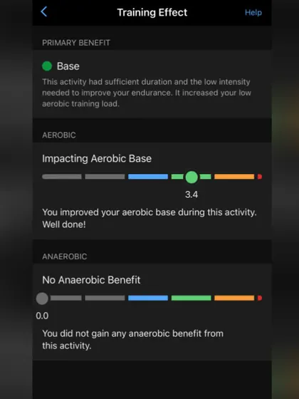 The training effect of my Honda Manesar race. It was a "Base" building activity, which means it improved my overall endurance.