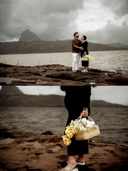 A dramatic collage of the couple on a rocky shore, with a mountain looming in the background. It captures both their intimate connection and the epic scale of the landscape.