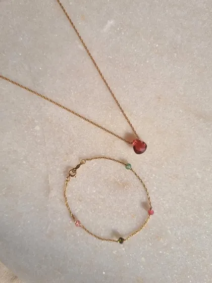 A complete set for inviting love into your life. Here is my 'pānīy' Tourmaline beaded bracelet paired with the 'ṣatra' Pink Tourmaline heart drop pendant, both designed to foster compassion and self-love.
